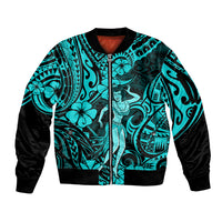 Hawaii Hula Girl Sleeve Zip Bomber Jacket Hibiscus Hawaii Tribal Tattoo Turquoise Version LT01 Unisex Turquoise - Polynesian Pride