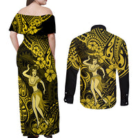 Hawaii Hula Girl Couples Matching Off Shoulder Maxi Dress and Long Sleeve Button Shirts Hibiscus Hawaii Tribal Tattoo Yellow Version LT01 - Polynesian Pride