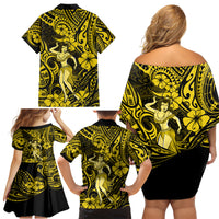 Hawaii Hula Girl Family Matching Off Shoulder Short Dress and Hawaiian Shirt Hibiscus Hawaii Tribal Tattoo Yellow Version LT01 - Polynesian Pride