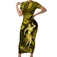 Hawaii Hula Girl Short Sleeve Bodycon Dress Hibiscus Hawaii Tribal Tattoo Yellow Version LT01 Long Dress Yellow - Polynesian Pride