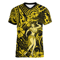 Hawaii Hula Girl Women V Neck T Shirt Hibiscus Hawaii Tribal Tattoo Yellow Version LT01 Female Yellow - Polynesian Pride