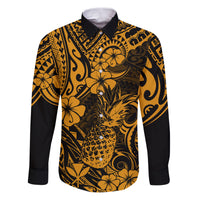 Hawaii Pineapple Family Matching Puletasi Dress and Hawaiian Shirt Paradise Flowers Pacific With Gold Polynesian Tribal LT01 Dad's Shirt - Long Sleeve Gold - Polynesian Pride