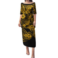 Hawaii Pineapple Family Matching Puletasi Dress and Hawaiian Shirt Paradise Flowers Pacific With Gold Polynesian Tribal LT01 Mom's Dress Gold - Polynesian Pride