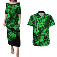 Hawaii Pineapple Couples Matching Puletasi Dress and Hawaiian Shirt Paradise Flowers Pacific With Green Polynesian Tribal LT01 Green - Polynesian Pride