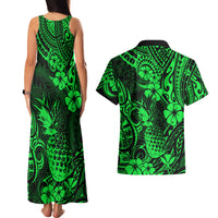 Hawaii Pineapple Couples Matching Tank Maxi Dress and Hawaiian Shirt Paradise Flowers Pacific With Green Polynesian Tribal LT01 - Polynesian Pride