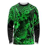 Hawaii Pineapple Long Sleeve Shirt Paradise Flowers Pacific With Green Polynesian Tribal LT01 Unisex Green - Polynesian Pride
