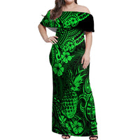 Hawaii Pineapple Off Shoulder Maxi Dress Paradise Flowers Pacific With Green Polynesian Tribal LT01 Women Green - Polynesian Pride