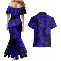 Hawaii Pineapple Couples Matching Mermaid Dress and Hawaiian Shirt Paradise Flowers Pacific With Navy Blue Polynesian Tribal LT01 - Polynesian Pride