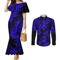Hawaii Pineapple Couples Matching Mermaid Dress and Long Sleeve Button Shirts Paradise Flowers Pacific With Navy Blue Polynesian Tribal LT01 Blue - Polynesian Pride