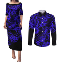 Hawaii Pineapple Couples Matching Puletasi Dress and Long Sleeve Button Shirts Paradise Flowers Pacific With Navy Blue Polynesian Tribal LT01 Blue - Polynesian Pride