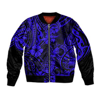 Hawaii Pineapple Sleeve Zip Bomber Jacket Paradise Flowers Pacific With Navy Blue Polynesian Tribal LT01 Unisex Blue - Polynesian Pride
