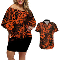 Hawaii Pineapple Couples Matching Off Shoulder Short Dress and Hawaiian Shirt Paradise Flowers Pacific With Orange Polynesian Tribal LT01 Orange - Polynesian Pride