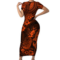 Hawaii Pineapple Short Sleeve Bodycon Dress Paradise Flowers Pacific With Orange Polynesian Tribal LT01 Long Dress Orange - Polynesian Pride