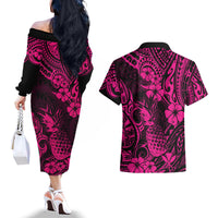 Hawaii Pineapple Couples Matching Off The Shoulder Long Sleeve Dress and Hawaiian Shirt Paradise Flowers Pacific With Pink Polynesian Tribal LT01 - Polynesian Pride