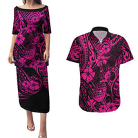 Hawaii Pineapple Couples Matching Puletasi Dress and Hawaiian Shirt Paradise Flowers Pacific With Pink Polynesian Tribal LT01 Pink - Polynesian Pride