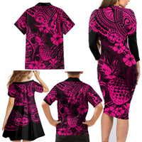 Hawaii Pineapple Family Matching Long Sleeve Bodycon Dress and Hawaiian Shirt Paradise Flowers Pacific With Pink Polynesian Tribal LT01 - Polynesian Pride