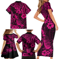 Hawaii Pineapple Family Matching Short Sleeve Bodycon Dress and Hawaiian Shirt Paradise Flowers Pacific With Pink Polynesian Tribal LT01 - Polynesian Pride