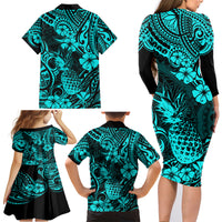 Hawaii Pineapple Family Matching Long Sleeve Bodycon Dress and Hawaiian Shirt Polynesian Pattern Turquoise Version LT01 - Polynesian Pride