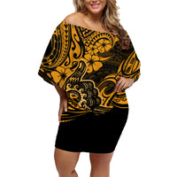 Hawaii Shaka Sign Family Matching Off Shoulder Short Dress and Hawaiian Shirt With Polynesian Hibiscus Gold Unique LT01 Mom's Dress Gold - Polynesian Pride