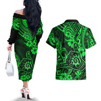 Hawaii Shaka Sign Couples Matching Off The Shoulder Long Sleeve Dress and Hawaiian Shirt With Polynesian Hibiscus Green Unique LT01 - Polynesian Pride