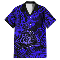 Hawaii Shaka Sign Family Matching Long Sleeve Bodycon Dress and Hawaiian Shirt With Polynesian Hibiscus Navy Blue Unique LT01 Dad's Shirt - Short Sleeve Blue - Polynesian Pride