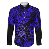 Hawaii Shaka Sign Family Matching Mermaid Dress and Hawaiian Shirt With Polynesian Hibiscus Navy Blue Unique LT01 Dad's Shirt - Long Sleeve Blue - Polynesian Pride