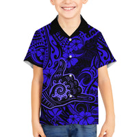 Hawaii Shaka Sign Family Matching Tank Maxi Dress and Hawaiian Shirt With Polynesian Hibiscus Navy Blue Unique LT01 Son's Shirt Blue - Polynesian Pride