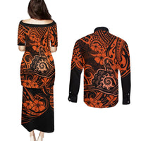 Hawaii Shaka Sign Couples Matching Puletasi Dress and Long Sleeve Button Shirts With Polynesian Hibiscus Orange Unique LT01 - Polynesian Pride