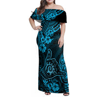 Hawaii Shaka Sign Family Matching Off Shoulder Maxi Dress and Hawaiian Shirt Polynesian Pattern Sky Blue Version LT01 Mom's Dress Blue - Polynesian Pride