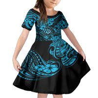 Hawaii Shaka Sign Family Matching Off Shoulder Short Dress and Hawaiian Shirt Polynesian Pattern Sky Blue Version LT01 Daughter's Dress Blue - Polynesian Pride