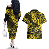 Hawaii Shaka Sign Couples Matching Off The Shoulder Long Sleeve Dress and Hawaiian Shirt Polynesian Pattern Yellow Version LT01 - Polynesian Pride