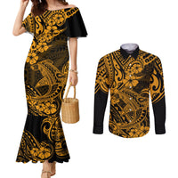 Hawaii Shark Couples Matching Mermaid Dress and Long Sleeve Button Shirts Polynesian Pattern Gold Version LT01 Gold - Polynesian Pride