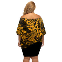Hawaii Shark Off Shoulder Short Dress Polynesian Pattern Gold Version LT01 - Polynesian Pride