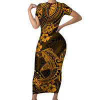 Hawaii Shark Short Sleeve Bodycon Dress Polynesian Pattern Gold Version LT01 Long Dress Gold - Polynesian Pride