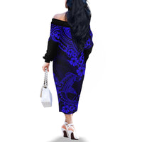 Hawaii Shark Family Matching Off Shoulder Long Sleeve Dress and Hawaiian Shirt Polynesian Pattern Navy Blue Version LT01 - Polynesian Pride