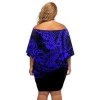 Hawaii Shark Off Shoulder Short Dress Polynesian Pattern Navy Blue Version LT01 - Polynesian Pride