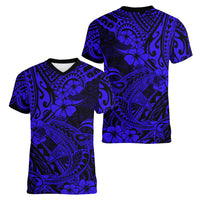 Hawaii Shark Women V Neck T Shirt Polynesian Pattern Navy Blue Version LT01 - Polynesian Pride