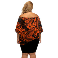 Hawaii Shark Off Shoulder Short Dress Polynesian Pattern Orange Version LT01 - Polynesian Pride