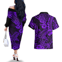 Hawaii Shark Couples Matching Off The Shoulder Long Sleeve Dress and Hawaiian Shirt Polynesian Pattern Purple Version LT01 - Polynesian Pride