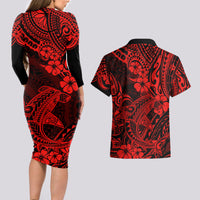 Hawaii Shark Couples Matching Long Sleeve Bodycon Dress and Hawaiian Shirt Polynesian Pattern Red Version LT01 - Polynesian Pride