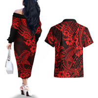 Hawaii Shark Couples Matching Off The Shoulder Long Sleeve Dress and Hawaiian Shirt Polynesian Pattern Red Version LT01 - Polynesian Pride