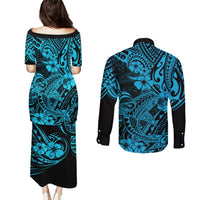 Hawaii Shark Couples Matching Puletasi Dress and Long Sleeve Button Shirts Polynesian Pattern Sky Blue Version LT01 - Polynesian Pride