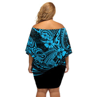 Hawaii Shark Off Shoulder Short Dress Polynesian Pattern Sky Blue Version LT01 - Polynesian Pride