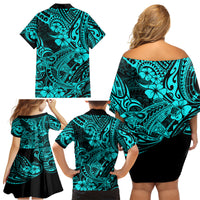 Hawaii Shark Family Matching Off Shoulder Short Dress and Hawaiian Shirt Polynesian Pattern Turquoise Version LT01 - Polynesian Pride