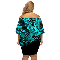 Hawaii Shark Family Matching Off Shoulder Short Dress and Hawaiian Shirt Polynesian Pattern Turquoise Version LT01 - Polynesian Pride