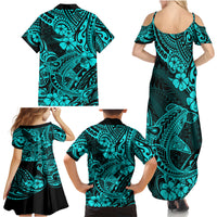 Hawaii Shark Family Matching Summer Maxi Dress and Hawaiian Shirt Polynesian Pattern Turquoise Version LT01 - Polynesian Pride