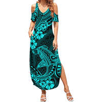 Hawaii Shark Family Matching Summer Maxi Dress and Hawaiian Shirt Polynesian Pattern Turquoise Version LT01 Mom's Dress Turquoise - Polynesian Pride