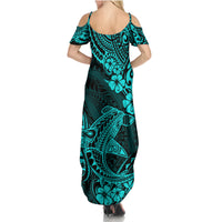 Hawaii Shark Family Matching Summer Maxi Dress and Hawaiian Shirt Polynesian Pattern Turquoise Version LT01 - Polynesian Pride