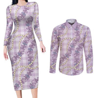 Pua Kalaunu Lei Couples Matching Long Sleeve Bodycon Dress and Long Sleeve Button Shirt Palaka Pattern
