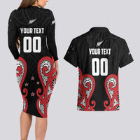 Custom Rugby New Zealand Couples Matching Long Sleeve Bodycon Dress and Hawaiian Shirt Baby Black Go Champions